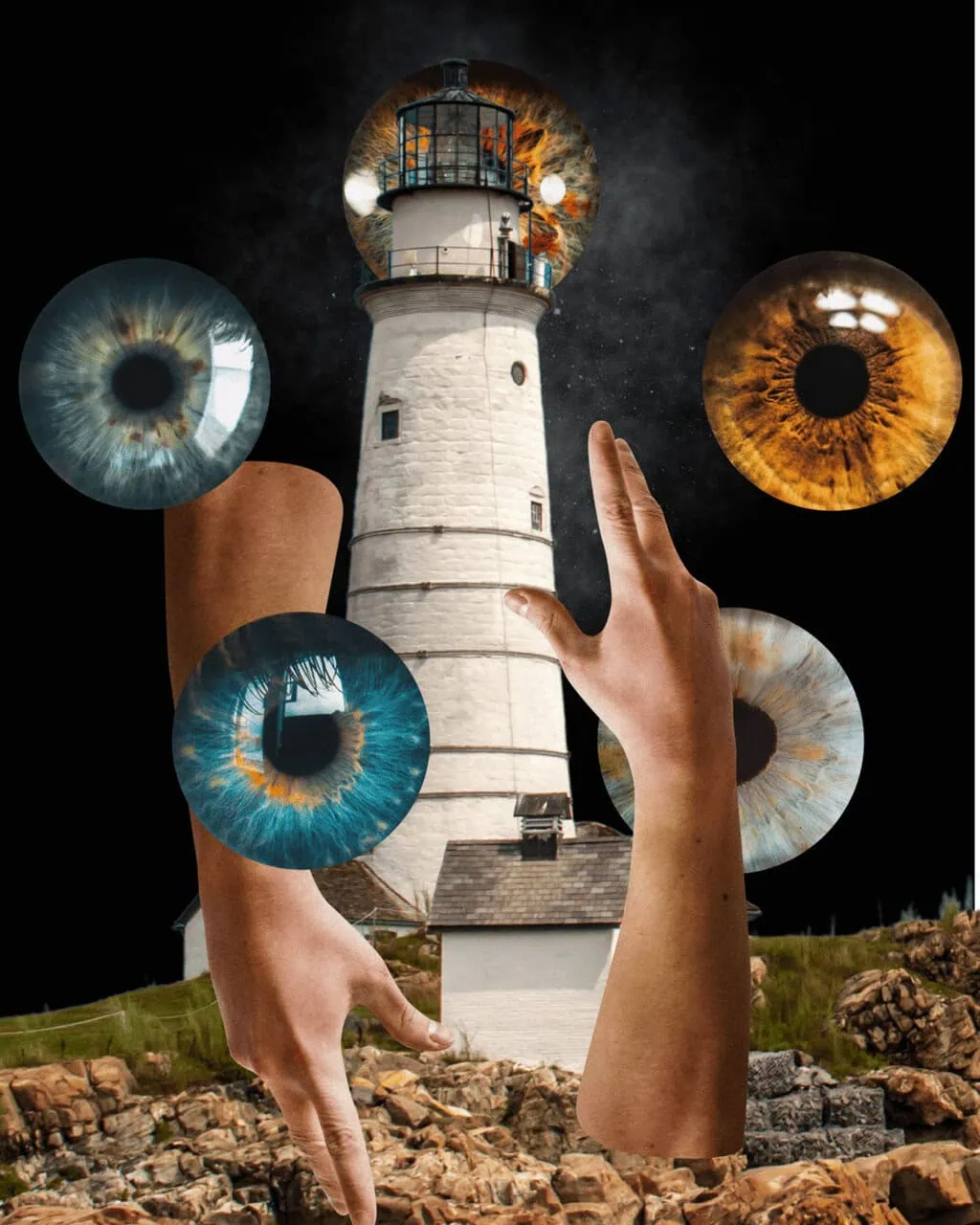Collage of a white lighthouse, reaching hands, and close-up eyes